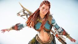 1girls 3d accurate_art_style aloy alternate_costume areolae big_areola big_breasts bodypaint braid braided_hair braids breasts canon clipping female female_only glitch green_eyes horizon_forbidden_west horizon_zero_dawn looking_at_viewer medium_breasts midriff navel nipples official_art orange_hair outdoors outside painted_breasts playstation posing red_hair solo sony_interactive_entertainment spear topless tribal weapon