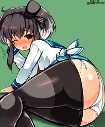 ass ass_cleavage black_hair black_legwear blush butt_crack dated female gradient_hair hairband hat headgear highres kantai_collection looking_at_viewer lowleg lowleg_pantyhose mini_hat multicolored_hair neckerchief nose_blush open_mouth panties pantyhose red_eyes richou_(zerozero1101) sailor_collar school_uniform seamed_legwear serafuku shirt short_hair short_hair_with_long_locks side-seamed_legwear side-tie_panties solo tears thighband_pantyhose tied_shirt tokitsukaze_(kantai_collection) twitter_username underwear white_panties yawning