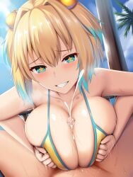 +_+ 1boy 1girls 2022 absurd_res alternate_breast_size big_breasts bikini blonde_hair blush bombergirl breasts cum cum_between_breasts ejaculation ejaculation_between_breasts female hair_ornament happy happy_sex hi_res huge_breasts large_breasts looking_at_viewer male male_pov naughty_face outdoors paizuri penis penis_between_breasts pine_(bombergirl) pov pov_eye_contact pov_paizuri renetan smile smug straight swimsuit symbol-shaped_pupils teal_eyes