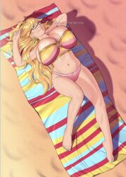 beach beach_towel big_ass big_breasts bikini blonde_hair danmapp earrings glasses laying_on_back laying_on_towel rosajon thick_thighs