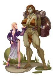 2girls abs bag bikini blonde_hair breast_grab breasts dress elf elf_female feet female female/female green_skin high_heels large_breasts light-skinned_female light_skin multiple_girls muscular muscular_female orc orc_female pointy_ears red_hair size_difference yuri zapan