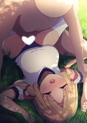 1boy blonde_hair bloomers blush breasts buruma censored closed_eyes clothed_female_nude_male darumoon female grass gym_shirt gym_uniform heart heart_censor highres implied_sex large_breasts lying missionary nude on_back open_mouth outdoors sex shirt spread_legs suwako_moriya thighhighs touhou underwear