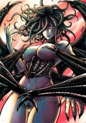 1girls berserk big_breasts breasts curvy demon_girl demon_wings female female_only green_hair humanoid large_breasts long_hair mature monster_girl nipples nude pubic_hair pussy shinbross slan solo thick_thighs villainess voluptuous white_skin wide_hips wings