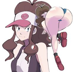 ass baseball_cap bending_over brown_hair daisy_dukes hilda_(pokemon) leaning_forward long_hair mrplow34 nintendo pokemon pokemon_bw ponytail presenting_hindquarters