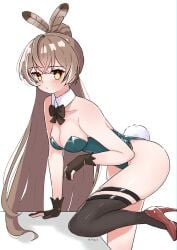 1girls big_breasts breasts brown_hair bunny_girl bunny_tail bunnysuit cleavage feather_in_hair female female_focus female_only hair hololive hololive_english hololive_english_-council- hololive_english_-promise- leg_up long_hair looking_at_viewer magui3 nanashi_mumei pose posing sole_female solo solo_focus thighhighs virtual_youtuber white_background yellow_eyes youtube youtuber