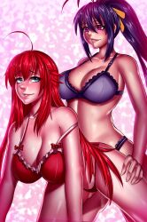 2girls akeno_himejima aqua_eyes big_breasts biting_lip black_hair bra breasts cleavage doggy_style female female_only hand_on_thigh high_school_dxd huge_breasts long_hair multiple_girls on_all_fours panties pashapencil ponytail purple_eyes red_hair rias_gremory underwear yuri