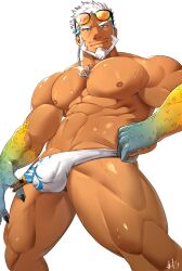 1boy aegir_(tokyo_afterschool_summoners) bars bulge facial_hair gray_hair grey_hair male male_focus male_only muscular muscular_male solo solo_male speedo swimwear tokyo_afterschool_summoners