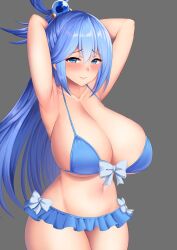 1girls 2022 alternate_breast_size aqua_(konosuba) armpits arms_behind_head arms_up bikini blue_bikini blue_eyes blue_hair breasts deity female female_only goddess hair_ornament hips huge_breasts kisaragi_nana kono_subarashii_sekai_ni_shukufuku_wo! long_hair naughty_face simple_background slim_waist smile thick_thighs thighs wide_hips