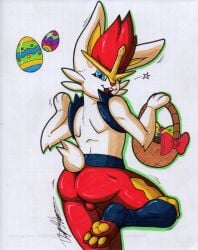 anthro ass balls basket cinderace container easter easter_basket easter_egg fur genitals hi_res holidays male nintendo open_mouth pokémon_(species) pokemon rotten_owl simple_background solo traditional_media_(artwork) video_games white_background white_body white_fur