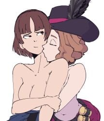 2girls atlus brown_hair clothing female_only haru_okumura human kissing kissing_neck makoto_niijima mrplow34 multiple_girls pale_skin persona persona_5 phantom_thief_suit short_hair topless yuri