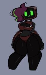 black_head buttons chubby computer computer_head curvy_body curvy_female curvy_figure curvy_hips electronics enormous_thighs female green_face green_hair hair huge_breasts huge_hips huge_thighs large_hips large_thighs purple_hair robot robot_girl round_breasts rubber small_waist thick_legs thick_thighs wide_hips