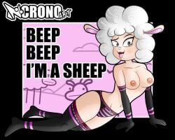 beep_beep_i'm_a_sheep breasts brown_nipples cream_fur cronoart cute furry gloves gray_eyes leggy_lamb lingerie no_bra sheep sheep_girl striped_panties striped_stockings tongue_out white_hair