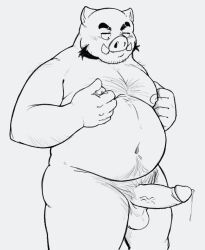 2022 anthro balls belly big_belly bodily_fluids erection genital_fluids genitals hi_res humanoid_genitalia humanoid_hands humanoid_penis kemono male mammal moobs navel nipples overweight overweight_male penis precum pubes solo suid suina sus_(pig) whitebeast20 wild_boar