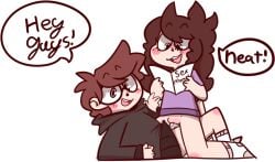 1boy 1girls black_hoodie brown_hair clothed clothed_sex clothing cowgirl_position crackship drawz_artz educational glasses jaiden jaiden_animations looking_at_viewer pantsless purple_shirt reading scott_the_woz sex_manual socks speech_bubble text woman_on_top youtube