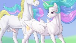 16:9 2022 alicorn arareroll balls cutie_mark digital_media_(artwork) duo equid equine eyebrows eyelashes faceless_male fan_character feral friendship_is_magic genitals hasbro hi_res horn male mammal my_little_pony penis princess_celestia_(mlp) simple_background widescreen wings