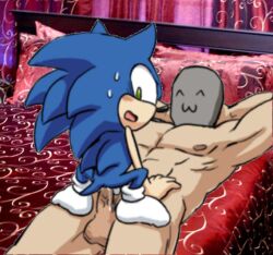 anal anthro balls bed blush bodily_fluids clothing cowgirl_position cum cum_in_ass cum_inside duo footwear from_front_position furniture genital_fluids genitals human karlo male male/male mammal on_bottom on_top sega sex socks sonic_(series) sonic_the_hedgehog sonic_the_hedgehog_(series)