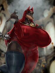 anthro big_breasts breasts canid canine canis clothing domestic_dog female flail hi_res holding_object holding_weapon huge_breasts laverne_(sssonic2) legwear mace mammal melee_weapon mr_dark_and nipple_outline nun outside solo thigh_highs weapon