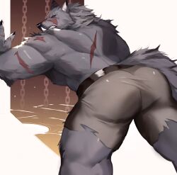 2022 ass blaidd_(elden_ring) bottomwear canid canine canis chains clothing elden_ring fangs fromsoftware fur grey_body grey_fur hi_res leaning looking_at_viewer male male_only mammal muscular muscular_male placid69 presenting presenting_hindquarters rear_view scar shorts simple_background solo tail_aside teeth video_games white_background wolf