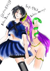 2020 2girls accessory anime_style belly_button black_hair black_stockings blue_black_hair blue_shirt blue_skirt clothed clothed_female clothed_female_nude_female clothing exposed_belly exposed_stomach female female_only gold_jewelry gold_necklace green_scales hand_around_arm headdress holding_knife human humanoid jewelry kedesh-nanaya keteru_yamiko_(scp-835-jp) knife label labels leaning leaning_on_shoulders leg_stockings necklace neckscarf nude nude_female peace_sign pubic_hair purple_hair purple_pubic_hair red_eyes school_uniform scp scp-4960 scp-835-jp scp-jp scp_foundation skirt snake stockings text weapon white_background yellow_eyes