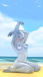 1girls areolae beach closed_eyes infinity_train lake_(infinity_train) metal metal_breasts metal_hair metal_nipples metal_skin metallic_body monster_girl nipples nude_female saurusrequiem silver_hair silver_skin tagme wariza