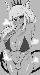 1girls bikini blush caaaaaaaaevery covering_crotch demon demon_girl demon_horns demon_tail embarrassed frown greyscale helltaker horns large_breasts lucifer_(helltaker) monochrome skimpy solo string_bikini tail thick_thighs wide_hips