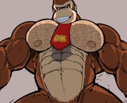 abs belly_button bodybuilder chest_hair donkey_kong donkey_kong_(series) gay looking_down male_only muscular muscular_anthro muscular_male nintendo nipples nude pecs ripped-saurian smiling solo solo_male tie