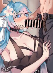 1boy 1girls animal_ears belt big_penis blue_eyes blue_hair blush breasts censor_bar censored censored_penis choker cleavage clothed clothed_female clothed_sex clothing female hand_on_chin hand_on_head heart heart-shaped_pupils large_breasts large_penis male oral oral_penetration oral_sex sex silva_69 silvervale undone_belt unzipped_pants virtual_youtuber vshojo wolf_ears wolf_girl