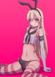 1boy armwear blonde_hair blush bulge cum cum_through_clothes cum_through_panties embarrassed erection erection_under_clothes femboy girly hej kantai_collection long_hair male male_only panties penis pink_background shimakaze-kun shimakaze_(kantai_collection) shimakaze_(kantai_collection)_(cosplay) sitting solo stockings thighs thong