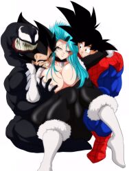 1girls 2boys anger_vein angry angry_face big_breasts black_cat_(cosplay) black_hair blue_hair breast_grab bulma_briefs bulma_briefs_(post_saiyan_saga) collar dragon_ball dragon_ball_z eyes_mostly_closed female hi_res light_blue_hair long_hair looking_at_viewer male marvel marvel_comics muscular muscular_male nala1588 sharp_teeth shounen_jump sitting son_goku spider-man_(cosplay) symbiote vegeta venom venom_(marvel) voluptuous white_background