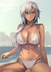 1girls bare_arms bare_legs bare_shoulders barefoot big_breasts bikini black_nails breasts brown_eyes busty cleavage collarbone female female_only fingernails glasses groin hair_between_eyes highres jewelry kantai_collection kasumi_(skchkko) large_breasts long_hair looking_at_viewer musashi_(kantai_collection) nail_polish navel necklace rimless_eyewear smile solo swimsuit voluptuous white_bikini white_hair