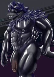 anthro barazoku big_penis blue_hair chest_tuft felid final_fantasy final_fantasy_xiv foreskin genitals hair hi_res hrothgar humanoid_genitalia male mammal mikeowolee muscular nipple_piercing nipples penis piercing pinup pose solo square_enix tuft video_games