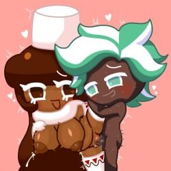 <3 1boy 1girls big_breasts blush brown_eyes brown_hair cocoa_cookie cookie_run dark-skinned_female dark-skinned_male dark_skin eyelashes female grabbing_own_breast green_eyes green_hair happy_sex hat lactation legs_up legwear long_hair lorennsfw male male/female mint_choco_cookie pink_background sex simple_background smile straight sweat thighhighs vaginal_penetration