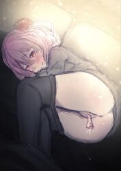 after_sex ass blush condom_in_pussy cum cum_in_condom flower_in_hair neroshi nijisanji nijisanji_en no_panties pantyhose_down pink_hair red_eyes rose_(flower) rosemi_lovelock short_hair virtual_youtuber