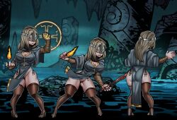 big_ass big_breasts blonde_hair cleavage cleavage_cutout crossover dark_souls dark_souls_3 darkest_dungeon eye_mask eyes_covered female female_only fire_keeper fromsoftware full_body high_heels long_hair mask nipple_bulge niur pelvic_curtain side-tie_panties side_slit solo standing tabard thick_thighs thighhighs wide_hips