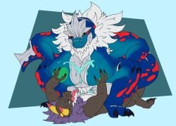 anthro anthro_on_anthro big_breasts black_body blue_body blue_eyes bodily_fluids breast_grab breasts claws cowgirl_position cum cum_inside duo fangs female female_penetrated fossil_pokémon from_front_position genital_fluids hand_on_breast hi_res horn interspecies looking_pleasured male male/female male_penetrating male_penetrating_female muscular muscular_female nintendo nipples on_bottom on_top open_mouth open_smile penetration pokémon_(species) pokemon sex simple_background smile sweat tolerain tongue tongue_out tyrantrum video_games yellow_eyes