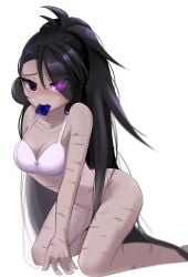 1girls amputated_arm black_hair black_raisin_cookie blush bra breasts condom condom_wrapper condom_wrapper_in_mouth cookie_run cookie_run_kingdom female female_only long_hair looking_at_viewer missing_arm on_knees partially_clothed posing presenting purple_eyes scar scars scars_all_over shy simple_background solo tagme white_background