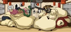 absurd_res bbw cake fat feeding forced_weight_gain gorillaz hi_res immobile morbidly_obese noodle_(gorillaz) obese paula_cracker_(gorillaz) saggy_breasts ssbbw tagme