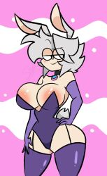 1girls big_breasts bunny_ears bunnysuit clothed clothing female female_focus female_only grey_hair hand_on_hip light-skinned_female light_skin ok_k.o.!_let's_be_heroes pixelzsinful revealing_clothes swift_(pixelzsinful) thick_thighs wide_hips