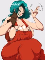 1girls areola_slip big_breasts blue_eyes blue_hair bulma_briefs cigarette dragon_ball dragon_ball_z female female_only future_bulma hi_res huge_breasts light_blue_hair long_hair looking_at_viewer mature_female milf naked_overalls nala1588 narrowed_eyes overalls overalls_only pink_lips shounen_jump smiling smiling_at_viewer solo solo_female voluptuous white_background