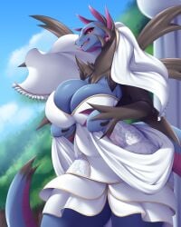 anthro black_fur blue_skin breasts cleavage detailed_background dragon dragon_girl dragoness eyelashes female female_only female_pokemon fur game_freak hips humanoid hydra hydreigon lizard lizard_girl lizard_humanoid long_tail looking_at_viewer mleonheart nintendo pokémon_(species) pokemon pokemon_only red_eyes reptile reptile_humanoid smile smiling smiling_at_viewer tail thick_thighs thighs wedding wedding_dress wings