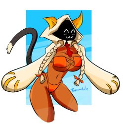 1girls ^w^ blazblue blush bra breasts brown_skin cat_ears cat_tail catgirl covered_nipples female hi_res taokaka tomaruchi