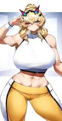 1girls abs barghest_(gawain)_(fate) big_breasts blonde_hair blush breasts breasts_bigger_than_head busty casul exercise_clothing fate/grand_order fate_(series) heterochromia huge_breasts large_breasts midriff muscular_female solo solo_female sports_bra sweating thick_thighs thighs voluptuous workout_clothes wristband yoga_pants