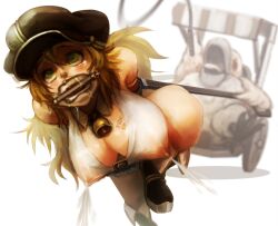 areolae arms_behind_back bare_shoulders bell bit_gag blacksmith_(ragnarok_online) blonde_hair blurry blush body_writing bondage bondage bound breasts chariot cleavage clenched_teeth collar covered_erect_nipples depth_of_field drooling female gag gagged green_eyes hat horse_girl houjicha lactation large_breasts leaning_forward long_hair neck_bell nipples no_bra open_mouth pony_play ragnarok_online role_reversal saliva see-through simple_background snot solo_focus tears teeth torture whip white_background whitesmith_(ragnarok_online)