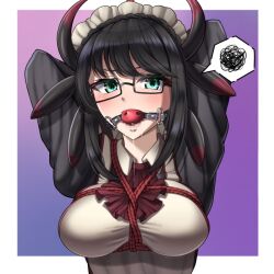 apron arms_up ball_gag black_hair blue_eyes bondage bound breast_bondage breasts dragon_girl dragon_horns dragon_maid_archetype drooling duel_monster female fleur_racine gag gagged glasses gradient gradient_background highres horns house_dragonmaid maid_apron maid_headdress noir_au_laut red_rope rope saliva_drip shibari_over_clothes spoken_squiggle squiggle yu-gi-oh!