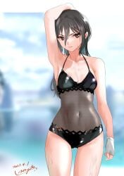 1girls armpits arms_up brown_hair latex morag_ladair_(xenoblade) nayuta-knt nintendo one-piece_swimsuit small_breasts solo swimsuit xenoblade_(series) xenoblade_chronicles_2