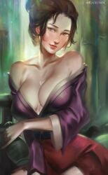 big_breasts blush brown_eyes brown_hair cleavage dark_hair emma_(sekiro) female female_only fromsoftware hair_bun japanese_clothes kimono nihongami no_bra off_shoulder open_kimono painting_(artwork) ragecndy sekiro:_shadows_die_twice sitting smile solo tied_hair