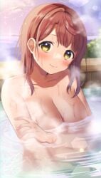 absurdres artist_name bangs blurry blurry_background blush breasts bush cleavage closed_mouth collarbone commentary_request eyebrows_visible_through_hair female female fingernails hair_behind_ear hair_down hand_on_own_arm hand_up head_tilt highres horizon kazepana lens_flare light_particles long_hair looking_at_viewer love_live! love_live!_nijigasaki_high_school_idol_club medium_breasts nude ocean onsen outdoors partially_submerged purple_sky red_hair sidelocks signature smile solo steam uehara_ayumu upper_body water wet yellow_eyes