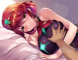 1boy 1girls blush breast_grab large_breasts laying_down male_pov nintendo on_bed on_side pov pyra red_hair rex_(xenoblade) short_hair taka-kun xenoblade_(series) xenoblade_chronicles_2