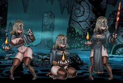 big_ass big_breasts blonde_hair blush bra cleavage cleavage_cutout crossover dark_souls dark_souls_3 darkest_dungeon eye_mask eyes_covered female female_only fire_keeper fromsoftware full_body high_heels long_hair mask nipple_bulge nipples_visible_through_clothing niur see-through_clothing side-tie_panties sitting solo standing thick_thighs thighhighs wide_hips