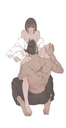 2boys age_difference androgynous back_muscles black_hair bob_cut dark_hair femboy fromsoftware gay hakama implied_oral japanese_clothes kimono kuro_the_divine_heir male male_only muscular muscular_male off_shoulder older_man_and_younger_boy open_kimono ponytail scars sekiro sekiro:_shadows_die_twice topless topless_male vetania yaoi